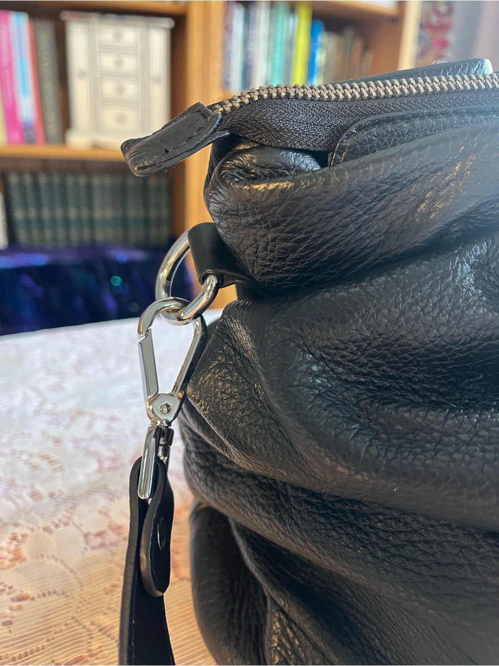 Black Slouchy Shoulder Bag with Chain Detail - Picture 3 of 14